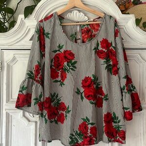 Indulge Black/White Rose Striped Blouse with Bell Sleeves and Key Hole Back 2X